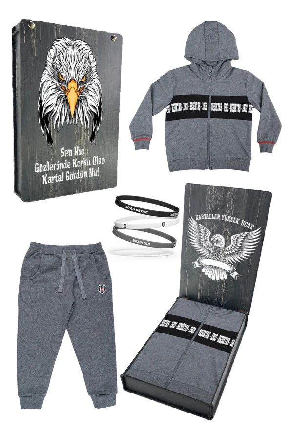 Beşiktaş Orijinal Çocuk Kapüşonlu Eşofman Takımı + Bileklik Set Hediyelik Ahşap Kutulu