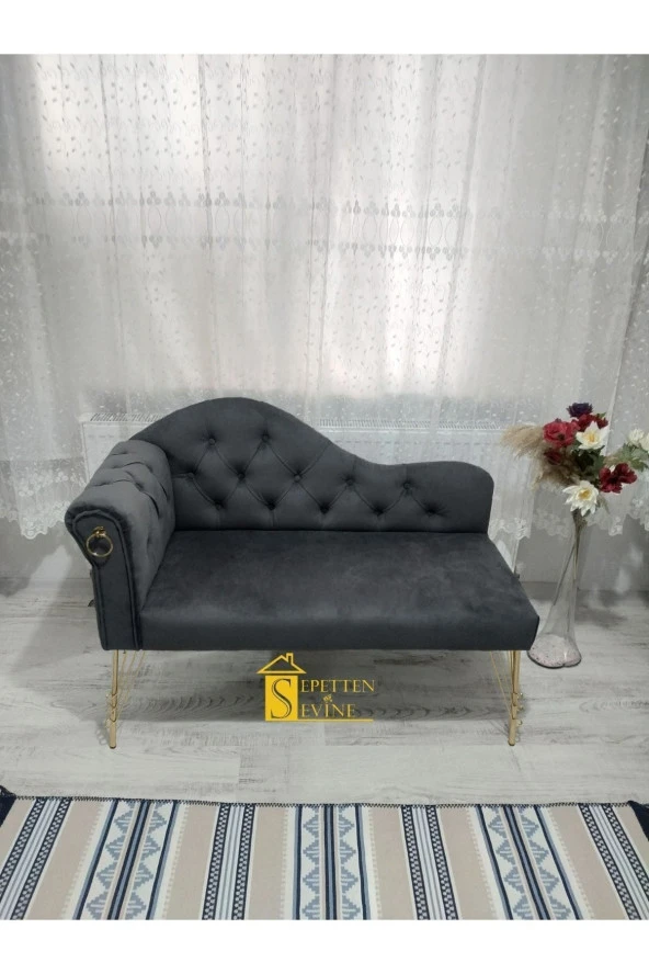 Sepetten Evine 130 Cm , Antrasit Gri Renk Yeni Nesil Köşe Koltuğu Josefin Bench Puf Metal Gold Ayak