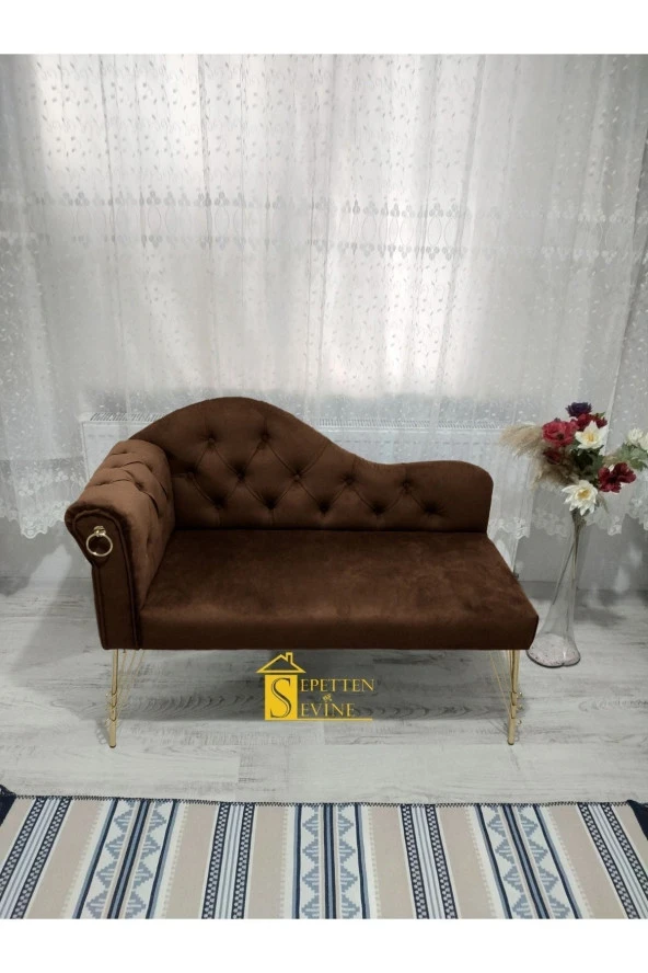 Sepetten Evine 130 cm  Kahverengi Renk Yeni Nesil Köşe Koltuğu Josefin Bench Puf Metal Gold Ayak