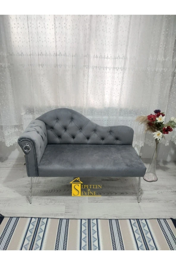 Sepetten Evine 120 cm Gri Renk Yeni Nesil Köşe Koltuğu Josefin Bench Puf Metal Krom Ayak