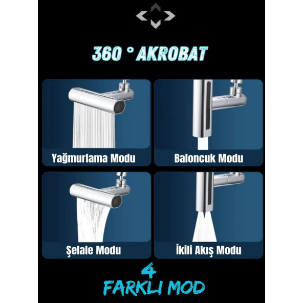 360° Akrobat 4 Farklı Modlu Fonksiyonel Akrobat Musluk Batarya Ucu Başlığı - 4