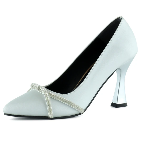 Erkan Saçmacı Abby Gümüş Saten Burma Taşlı Sivri Burun Kadeh Topuklu Abiye Ayakkabı