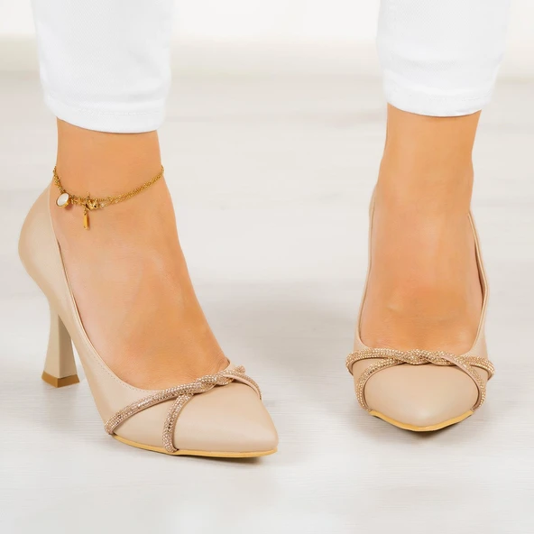 Erkan Saçmacı Abby Ten Saten Burma Taşlı Sivri Burun Kadeh Topuklu Abiye Ayakkabı - Resim 3