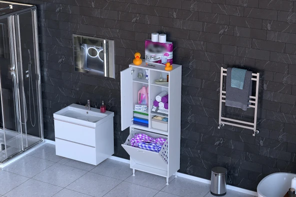 Modilayn İNCİ 55x160 cm Kirli Çamaşır Sepetli Banyo Dolabı