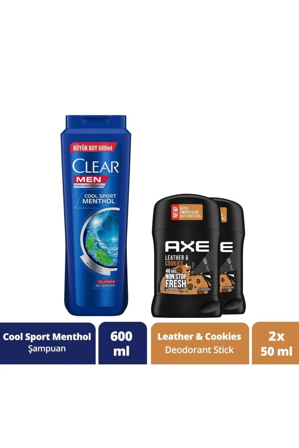 Men Cool Sport Menthol Şampuan 600 Ml + Axe Leather&cookies Erkek Deodorant Stick 50 Ml X2