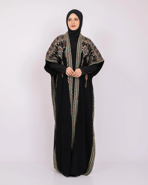 Geniş Kollu Oversize Kalıplı Geleneksel Kalın Nakışlı Kadın Abaya Freesize C100036