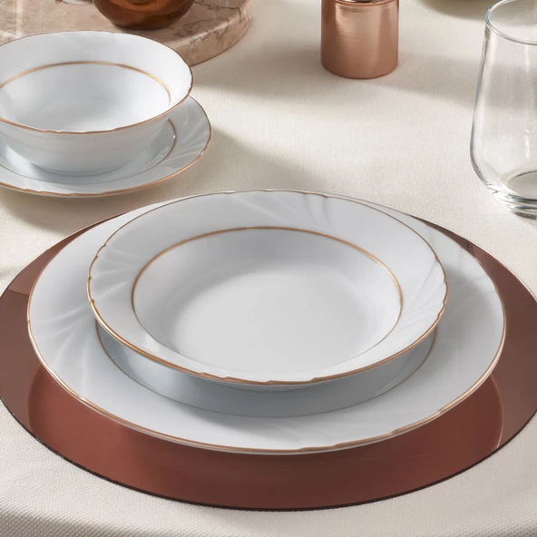 GÜRAL PORSELEN Soprano  23 Cm Çukur Yemek Tabağı 6 Adet Çift Altın Yaldız