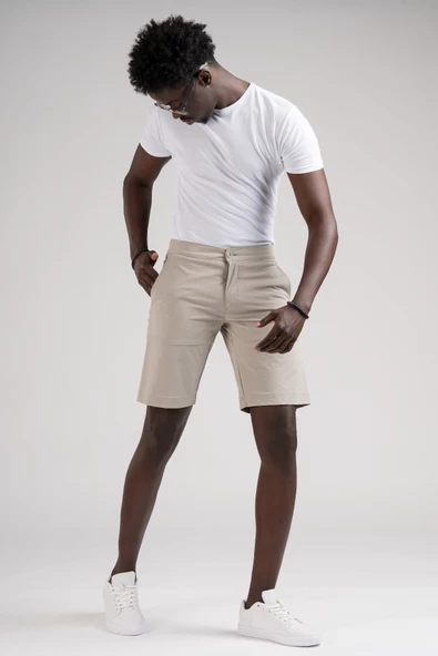 Beli Yarım Lastikli Paraşüt Kumaş Likralı Astarsız Cepli Slimfit Şort