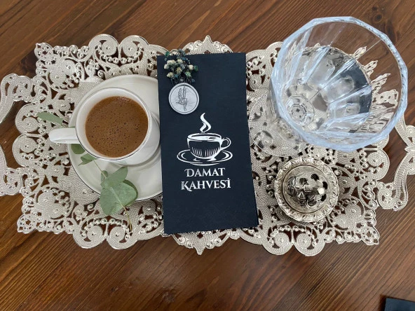 Gümüş Yaldızlı Siyah Çiçekli Mühürlü Damat Kahvesi Garson Peçete 1 Adet