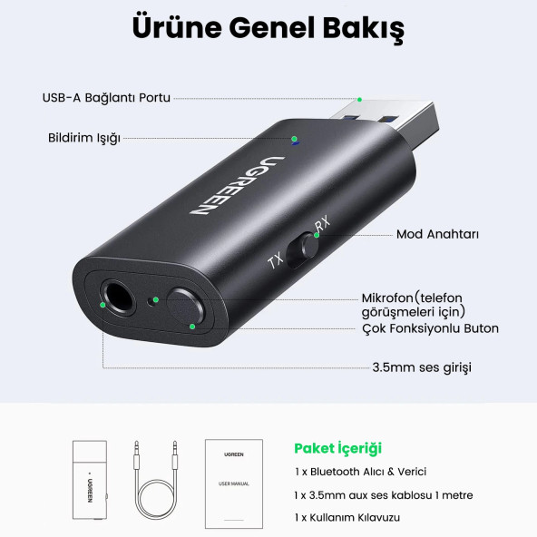 Ugreen Bluetooth 5.1 3.5mm Aux Alıcı Verici Bluetooth Adaptörü - 6