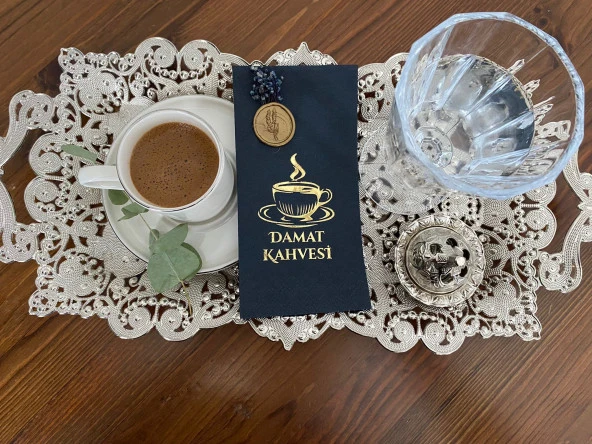 Gold Yaldızlı Siyah Çiçekli Mühürlü Damat Kahvesi Garson Peçete 1 Adet