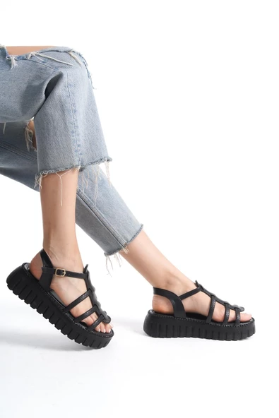 Kadın Üç Bantlı Dikiş Detaylı Platform Taban Bilekten Bağlamalı Sandalet - 2