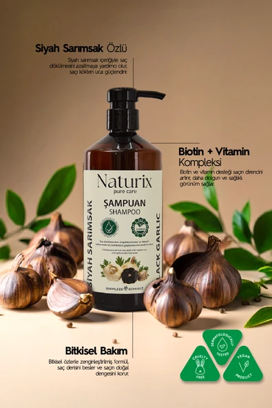 Naturix Siyah Sarımsak Şampuanı - Paraben, Tuz, Fosfat İçermeyen Kokusuz & Tuzsuz 600ml - 2