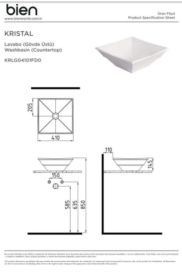 Bien Kristal Gövde Üstü Lavabo 41 Cm Batarya Deliksiz Taşma Kanalsız - 2