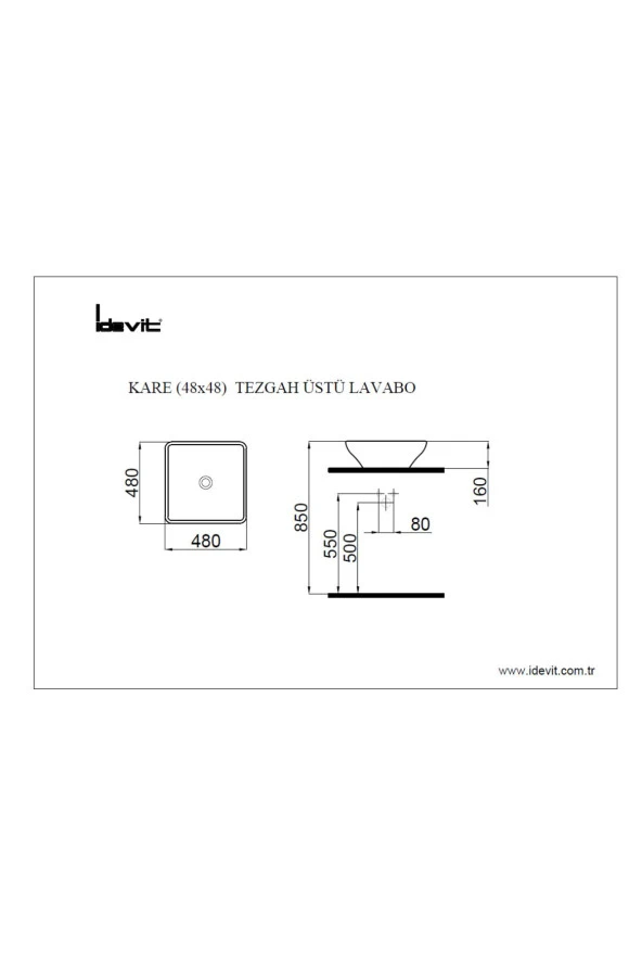 İdevit Kare Tezgah Üstü Lavabo 48 Cm - 2