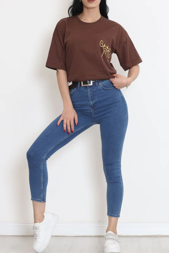 Baskılı Oversize Tişört Kahve - 16494.1567. - 6