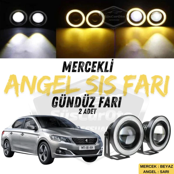 Peugeot 301 2012-2021 Uyumlu Üniversal Mercekli Angel Sis Farı Metal Su Geçirmez 76 mm Sarı Halkalı Gündüz Farı Angel Eyes 2 Adet