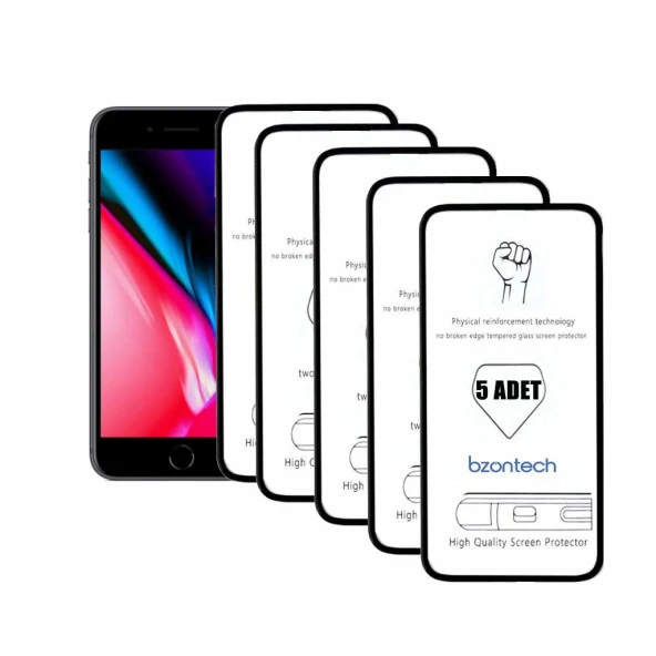 Bzontech Iphone 7 Plus Siyah ile Uyumlu Ekran Koruyucu Tam Kaplayan 5li Set