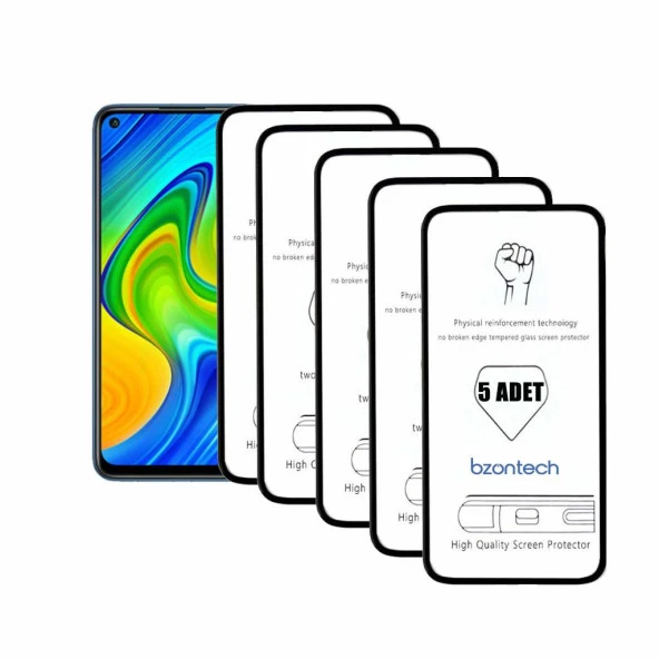 Bzontech Redmi Note 9  ile Uyumlu Ekran Koruyucu Tam Kaplayan 5li Set