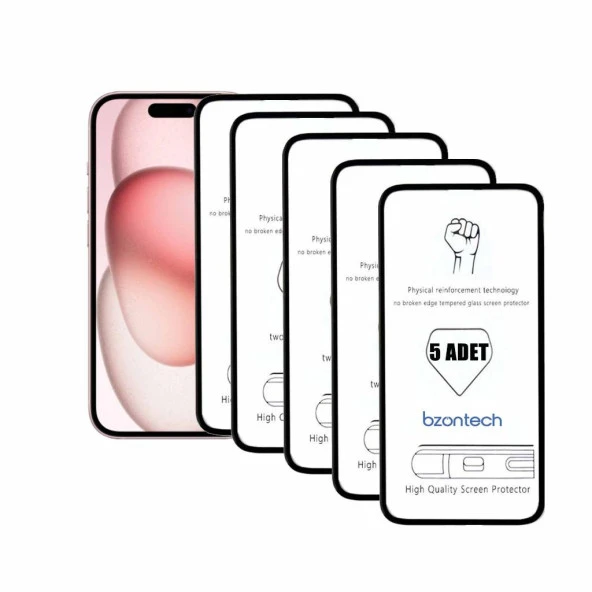 Bzontech iPhone 15 ile Uyumlu Ekran Koruyucu Tam Kaplayan 5li Set