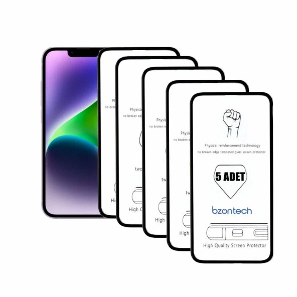 Bzontech iPhone 14 ile Uyumlu Ekran Koruyucu Tam Kaplayan 5li Set