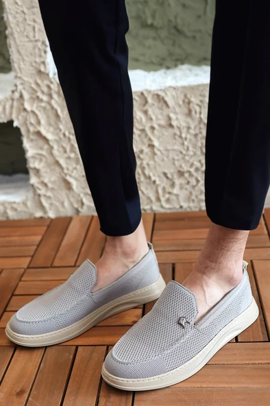 Terry Erkek Gri Garantili Rahat Dikişli Esnek Hakiki Deri Detaylı Triko Loafer TERRY-7992 - 3