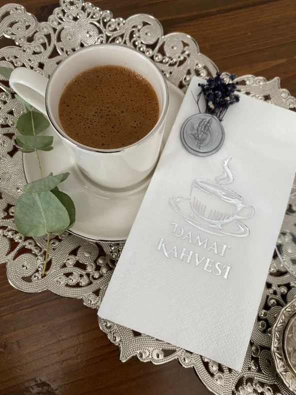 Gümüş Yaldızlı Beyaz Çiçekli Mühürlü Damat Kahvesi Garson Peçete 1 Adet - 2