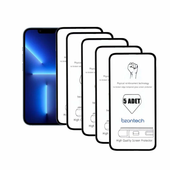 Bzontech iPhone 13 Pro Max ile Uyumlu Ekran Koruyucu Tam Kaplayan 5li Set - 1