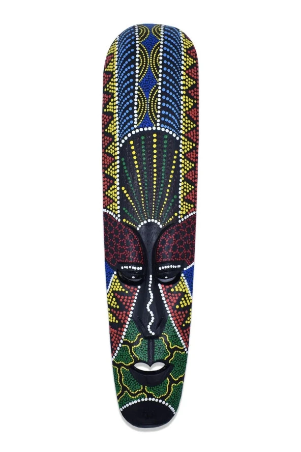 Ahşap Aborjin Mask 50 cm Renkli Duvar Dekoru Maske - 7