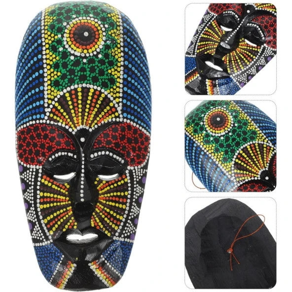 Ahşap Aborjin Mask 20 cm Renkli Duvar Dekoru Maske - 3