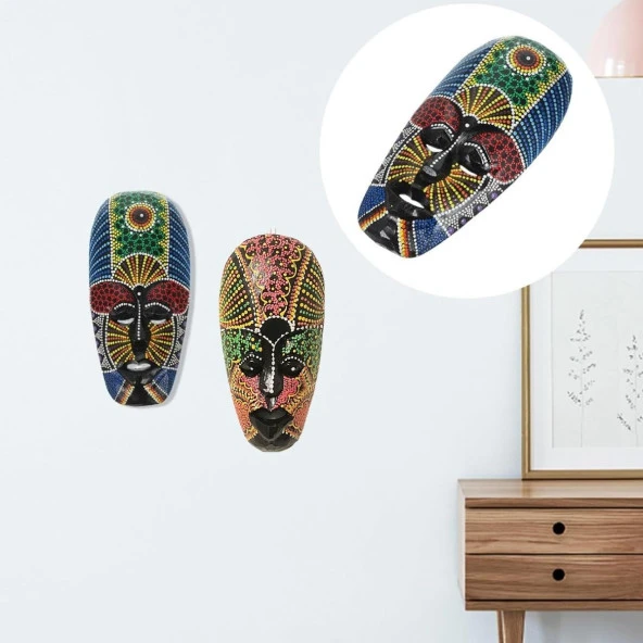 Ahşap Aborjin Mask 20 cm Renkli Duvar Dekoru Maske - 5