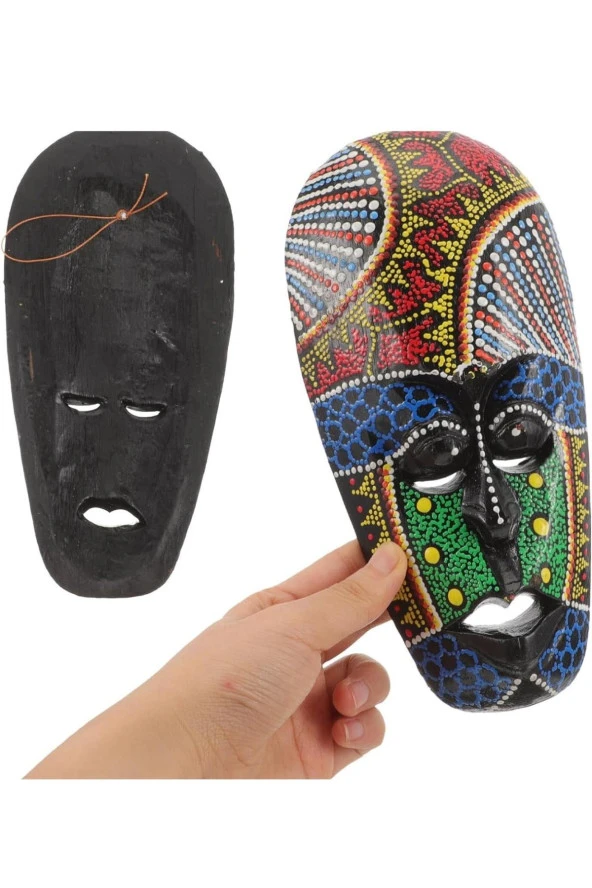 Ahşap Aborjin Mask 20 cm Renkli Duvar Dekoru Maske - 7