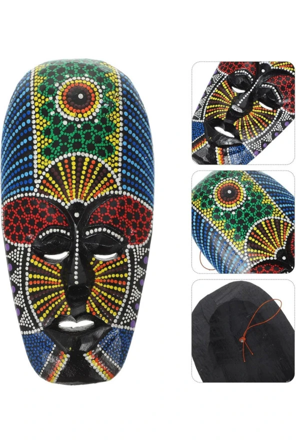 Ahşap Aborjin Mask 20 cm Renkli Duvar Dekoru Maske - 8