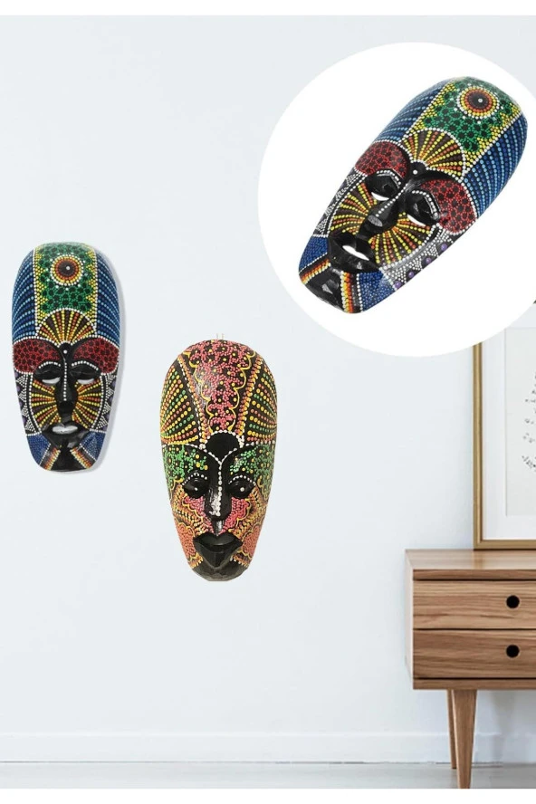 Ahşap Aborjin Mask 20 cm Renkli Duvar Dekoru Maske - 10