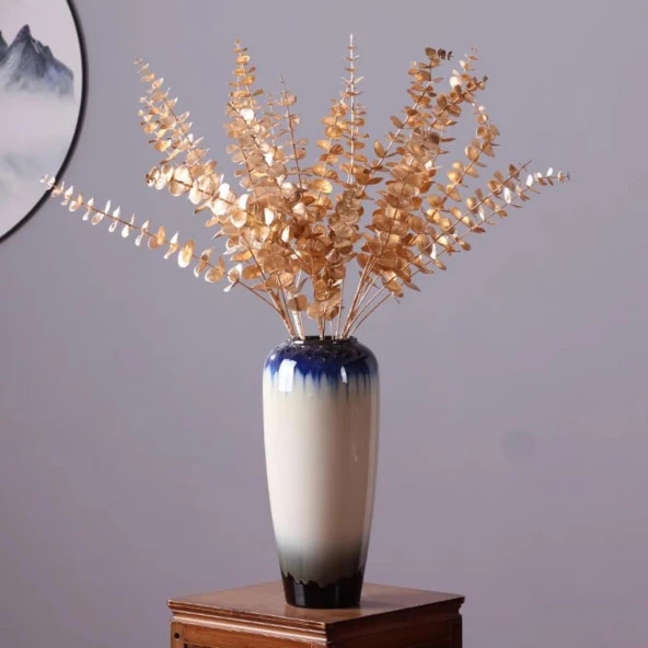Nettenevime Yapay Çiçek Gold Altın Renk Okaliptus 3Dallı Uzun Dal 76cm Eucalyptus - Resim 2