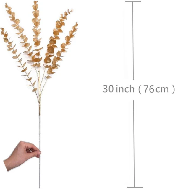 Nettenevime Yapay Çiçek Gold Altın Renk Okaliptus 3Dallı Uzun Dal 76cm Eucalyptus - Resim 4