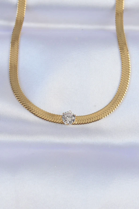 316L Çelik Gold Renk Tek Zirkon Taşlı İtalyan Zincir Kolye - EBJ240613W24945 ürün görseli