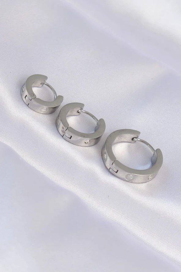 316L Çelik Gümüş Renk Zirkon Taşlı Cartier Model 3lü Halka Küpe - EBJ240613W24955 ürün görseli