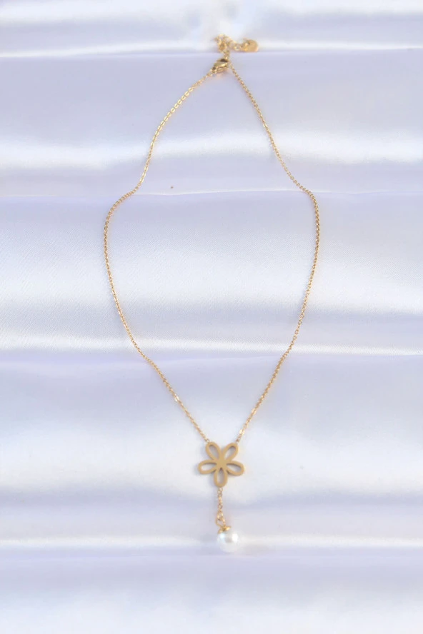316L Çelik Zincir Gold Renk İnci Detay Çiçek Kolye - EBJ240613W24928 - Resim 2