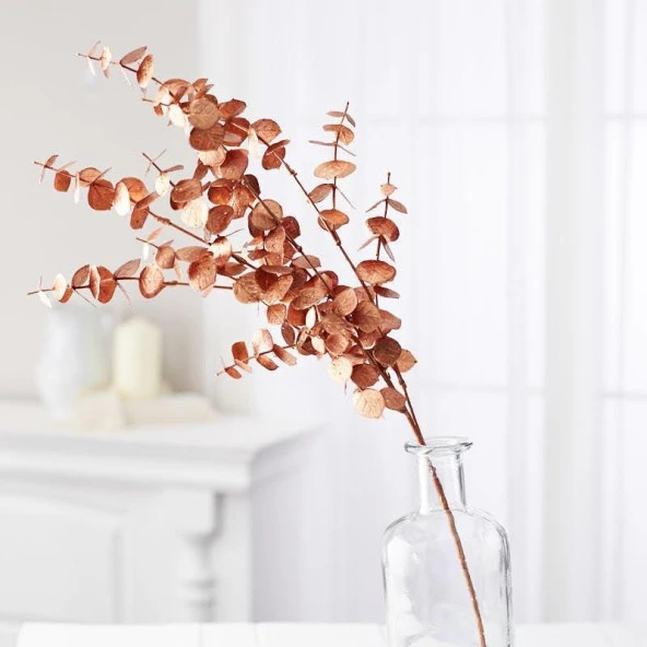 Yapay Çiçek Bakır Bronz Renk Okaliptus 3Dallı Uzun Dal 76cm Eucalyptus - 4