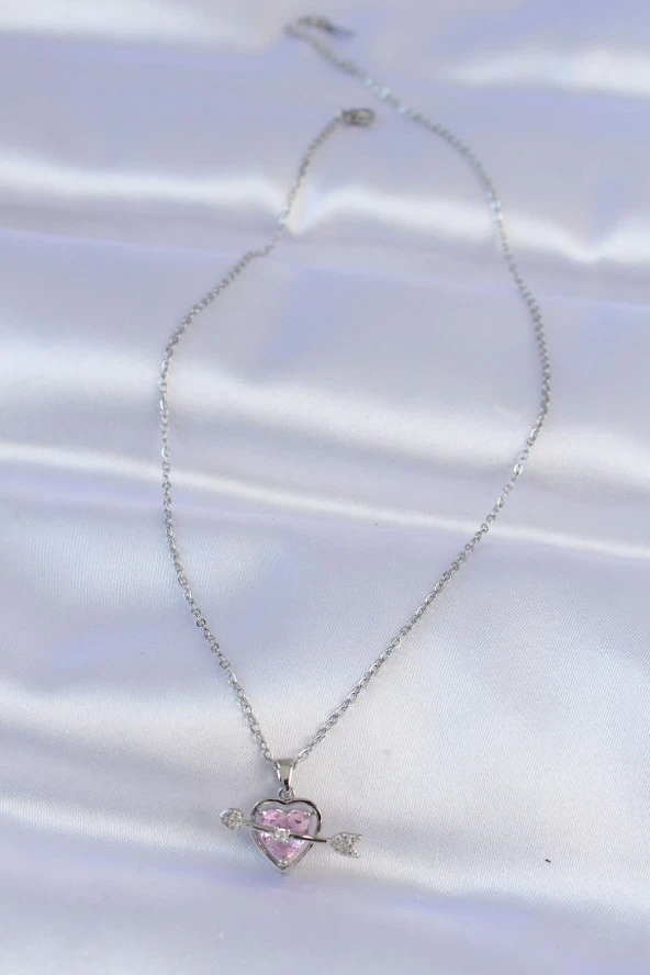 316L Çelik Zincir Gümüş Renk Pembe Zirkon Taşlı Eros Kolye - EBJ240613W24941 - Resim 2