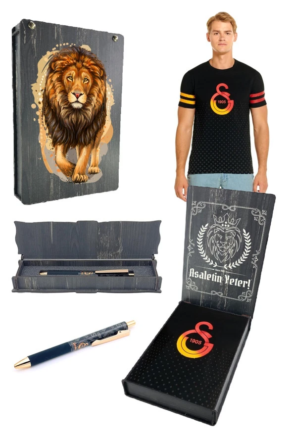 Galatasaray Orijinal Logo Baskılı Siyah T-Shirt Kalem Hediyeli Özel Tasarım Hediyelik Ahşap Kutulu ürün görseli 1