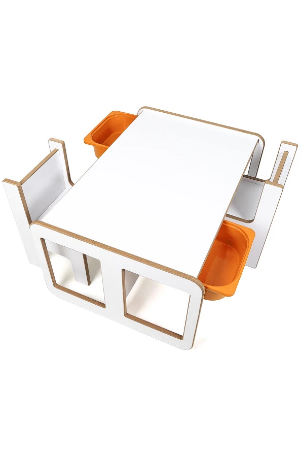 2 Kişilik Çekmeceli Oyun, Aktivite, Etkinlik Masası, Beyaz-Turuncu, 18mm MDF - 5