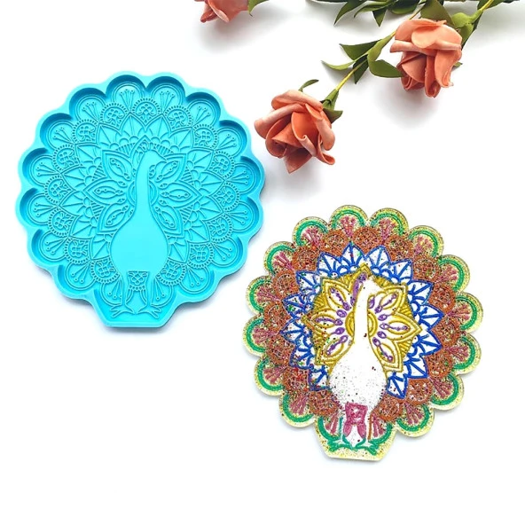 Reçine Epoksi Kalıp - Tavus Kuşu Bardak Altı Nihale - 993 - 4