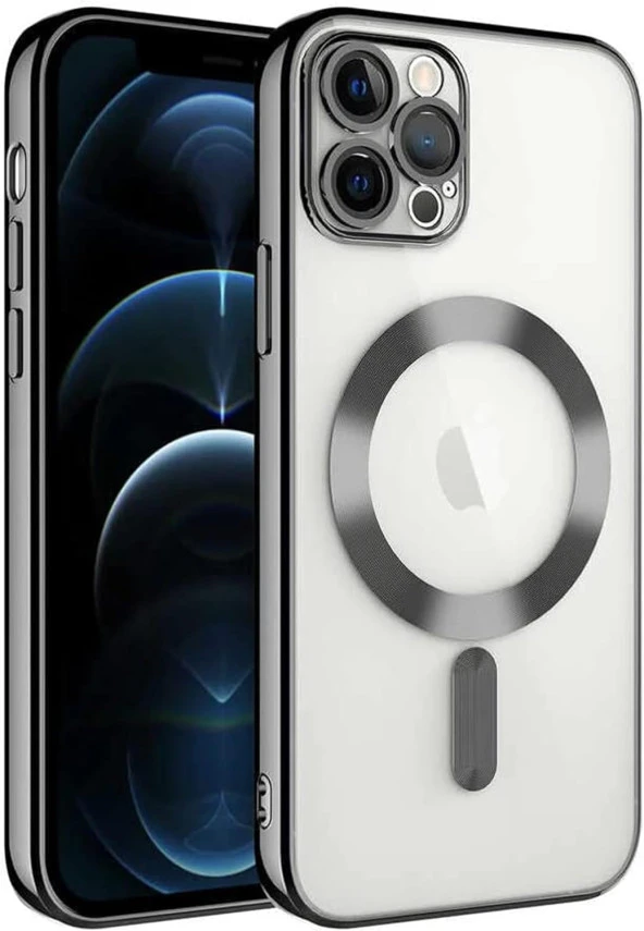 - Manyetik Magsafe Şeffaf Iphone 14 PRO ile Uyumlu Kılıf  - Kamera Lens Kaplama Korumalı Kapak - Kenarları Siyah - iP 14 PRO