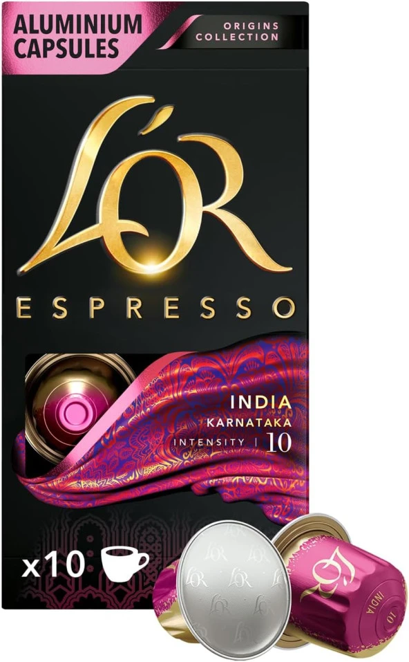 - Espresso Kahve - India - Origins Collection - Yoğunluk 10 - Tatlımsı ve Hafif Baharat Notaları - 1 Paket x 10 Alüminyum Kapsül x 10 Kutu