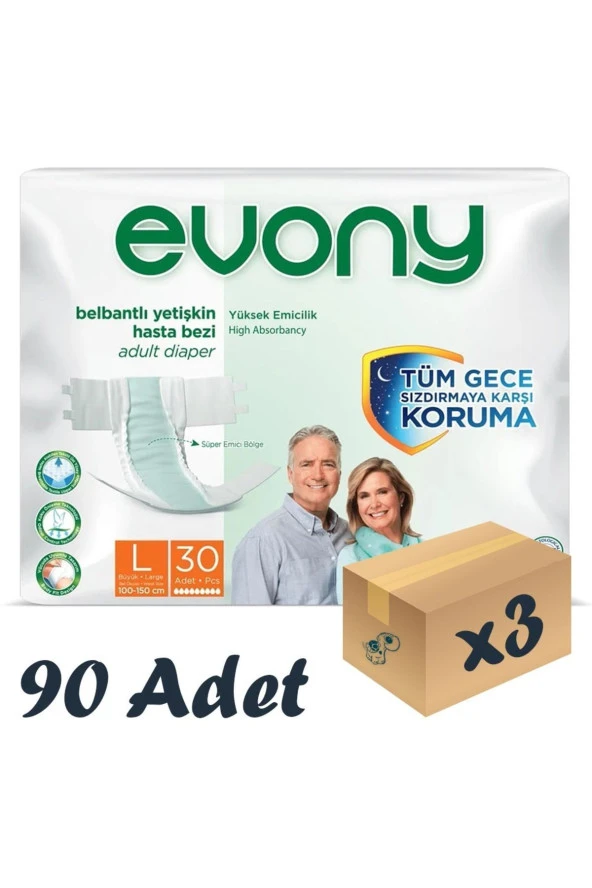 EVONY Bel Bantlı Yetişkin Hasta Bezi Large 30'lu 3 Paket 90 Adet