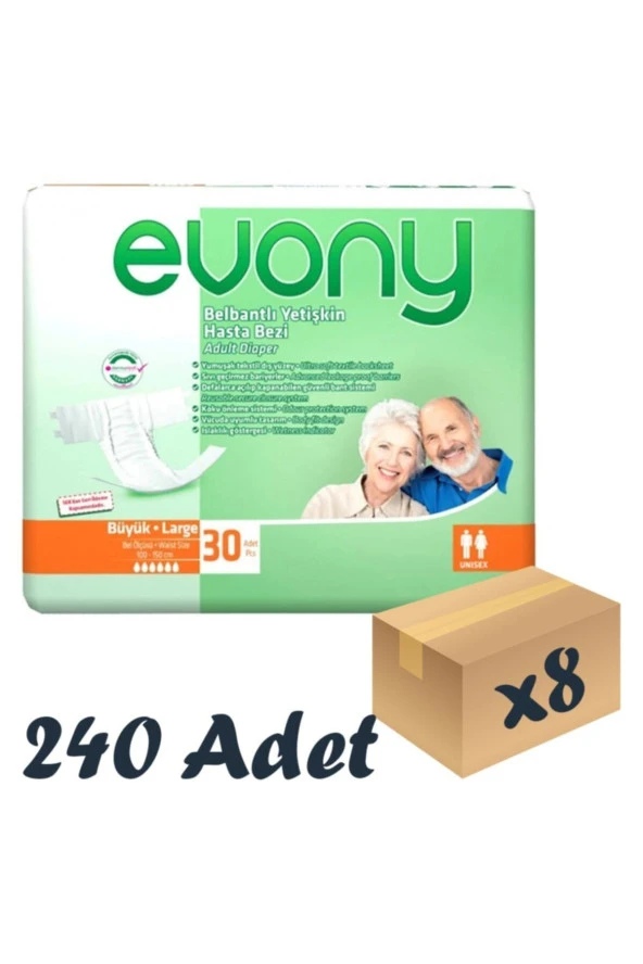 EVONY Bel Bantlı Yetişkin Hasta Bezi Large 30'lu 8 Paket 240 Adet