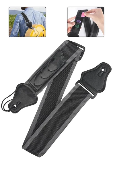 Midex ASP-28 Gitar Omuz Askısı Pena Cepli Siyah Gri Renk Uzunluk 87-140 cm ürün görseli 1