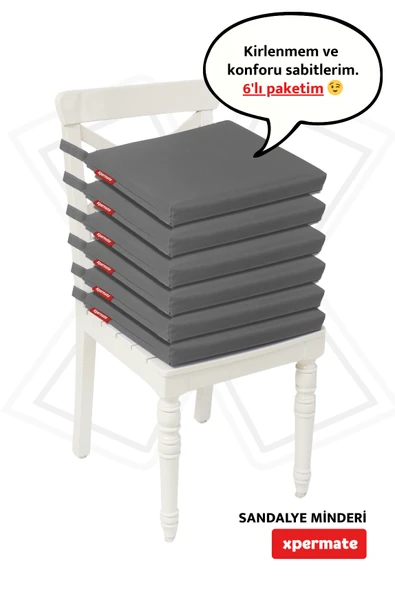 XPERXPERMATE 6'lı Sandalye Minderi Su İtici Kumaş 40x40 cm Sünger Sandalye Minderi Bağcıklı Antrasit ürün görseli